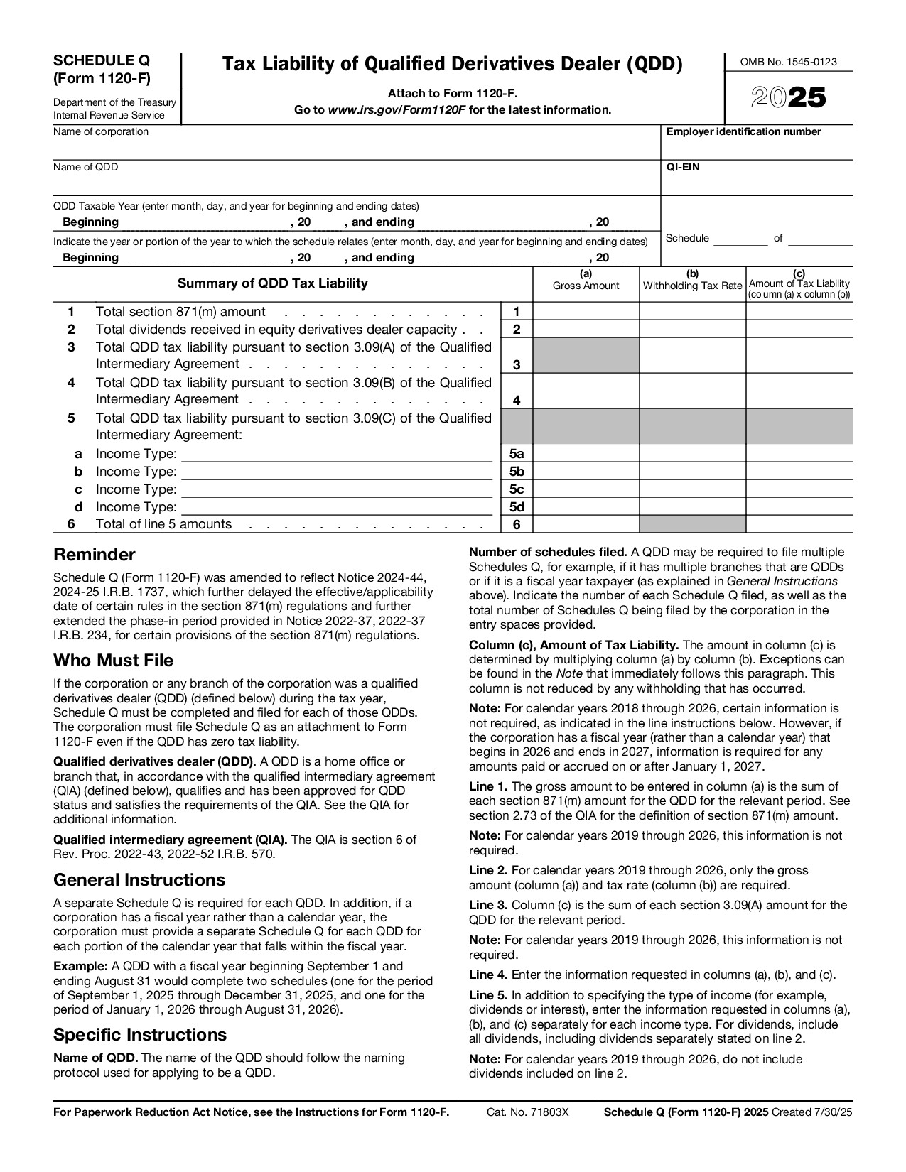 Schedule Q (Form 1120-F)